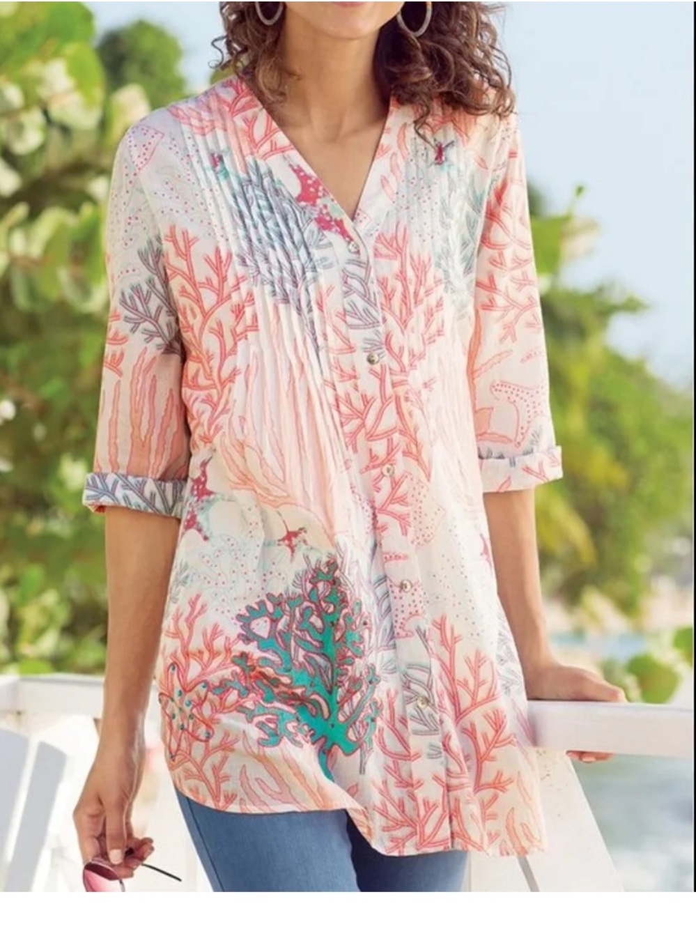 Soft Surroundings Top Blouse Womens XS Mahla Reef Tunic 3/4 Sleeve V-Neck Beach‎